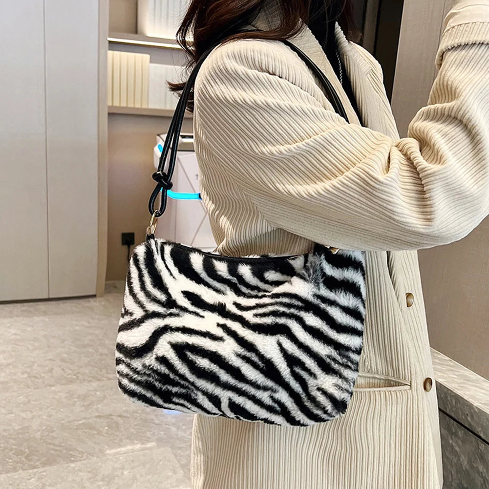 Leopard Plush Top-handle Bag for Women Casual Autumn Winter Commute Shopping