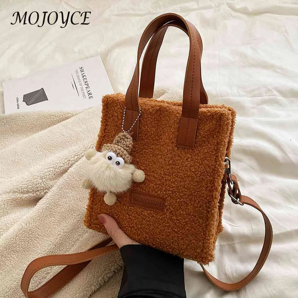 Faux Lambswool Shoulder Bag with Pendant for Winter