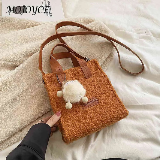Faux Lambswool Shoulder Bag with Pendant for Winter