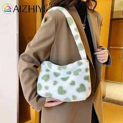 Fluffy Love Heart Print Shoulder Bag for Holiday Party