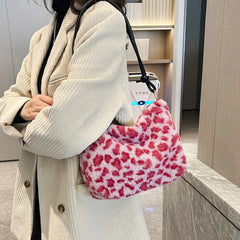 Leopard Soft Plush Shoulder Bag Vintage Casual Commuter Ladies Satchel