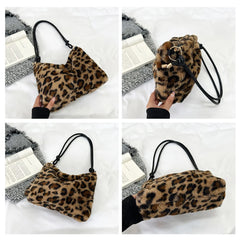 Leopard Soft Plush Shoulder Bag Vintage Casual Commuter Ladies Satchel