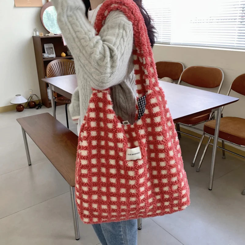 Cream Plaid Women's Large Capacity Handbag Female Armpit Bag