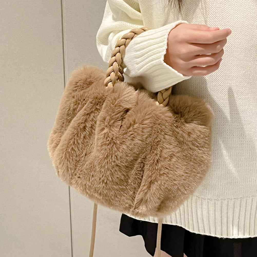 Soft Plush Shoulder Handbag Women Clutch - Fluffy Solid Shopper Travel