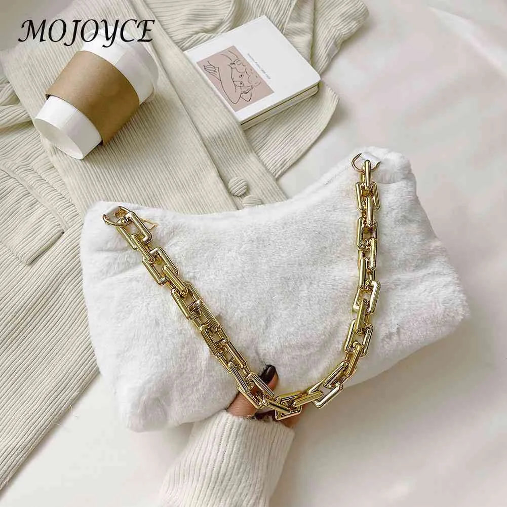 Plush Thick Chain Shoulder Bag Women Casual Underarm Bags Autumn Winter Handbags