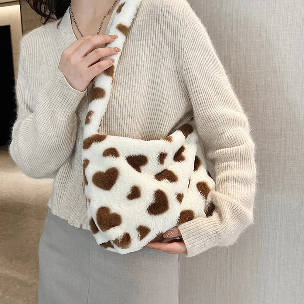 Plush Top-handle Bag Love Heart Print Women Handbags