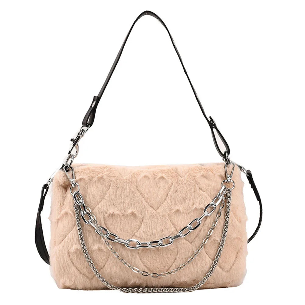 Plush Top-handle Bag Soft Fluffy Purse with Multi-layer Chains for Travel