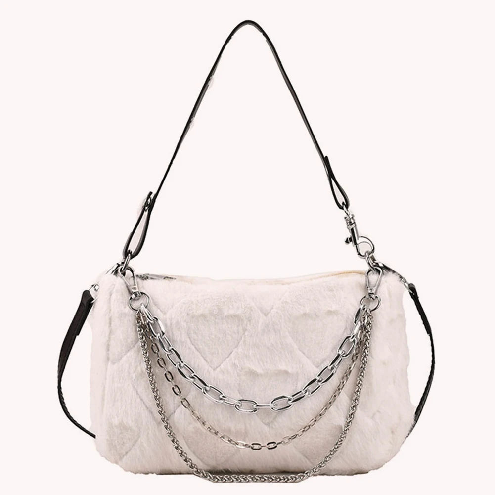 Plush Top-handle Bag Soft Fluffy Purse with Multi-layer Chains for Travel