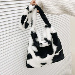 Plush Tote Bag Leopard Print Shoulder Bag Soft Handbag