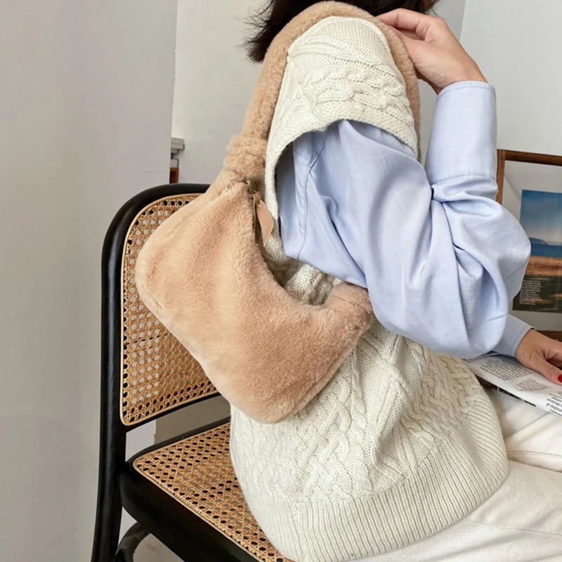 Fluffy Shoulder Bag Women Solid Purse Tote Bags for Autumn and Winter