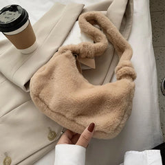 Fluffy Shoulder Bag Women Solid Purse Tote Bags for Autumn and Winter