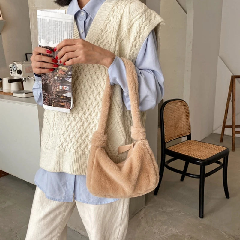 Fluffy Shoulder Bag Women Solid Purse Tote Bags for Autumn and Winter
