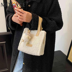 Plush Crossbody Bag with Pendant for Winter, Soft and Warm Women Handbag