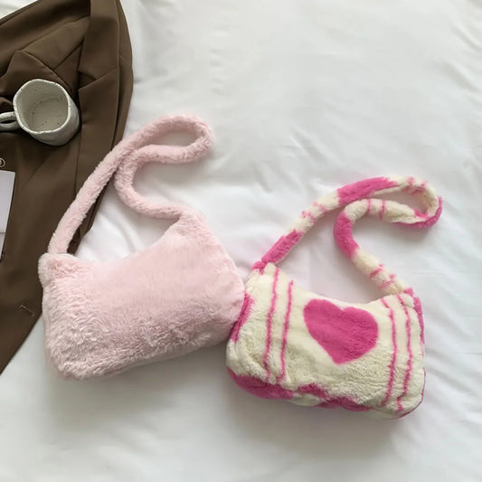 Fluffy Women Shoulder Bag Love Heart Printed Tote Bag