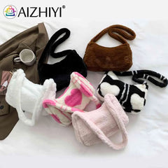 Warm Love Heart Printed Shoulder Bag for Women, Casual Autumn Winter Handbag