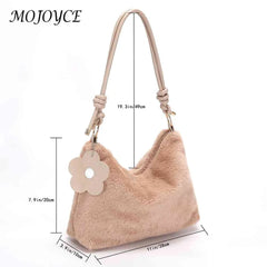 Plush Women Shoulder Bag PU Strap Commute Bag with Flower Pendant