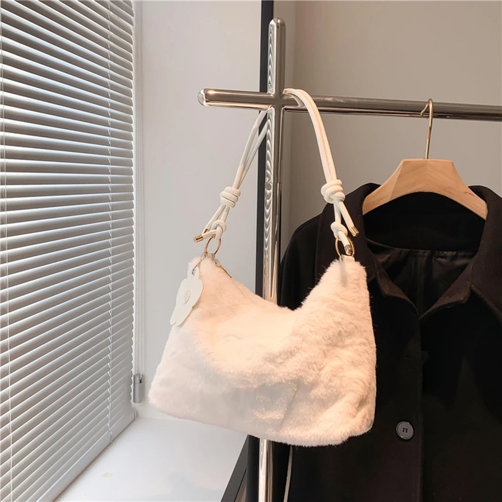 Plush Shoulder Bag with Flower Pendant
