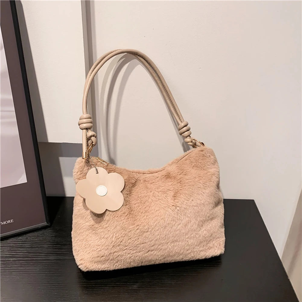 Plush Shoulder Bag with Flower Pendant
