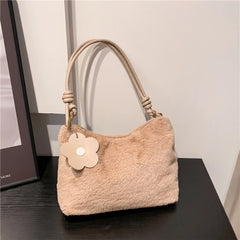 Plush Shoulder Bag with Flower Pendant
