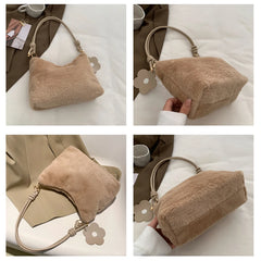 Plush Shoulder Bag with Flower Pendant