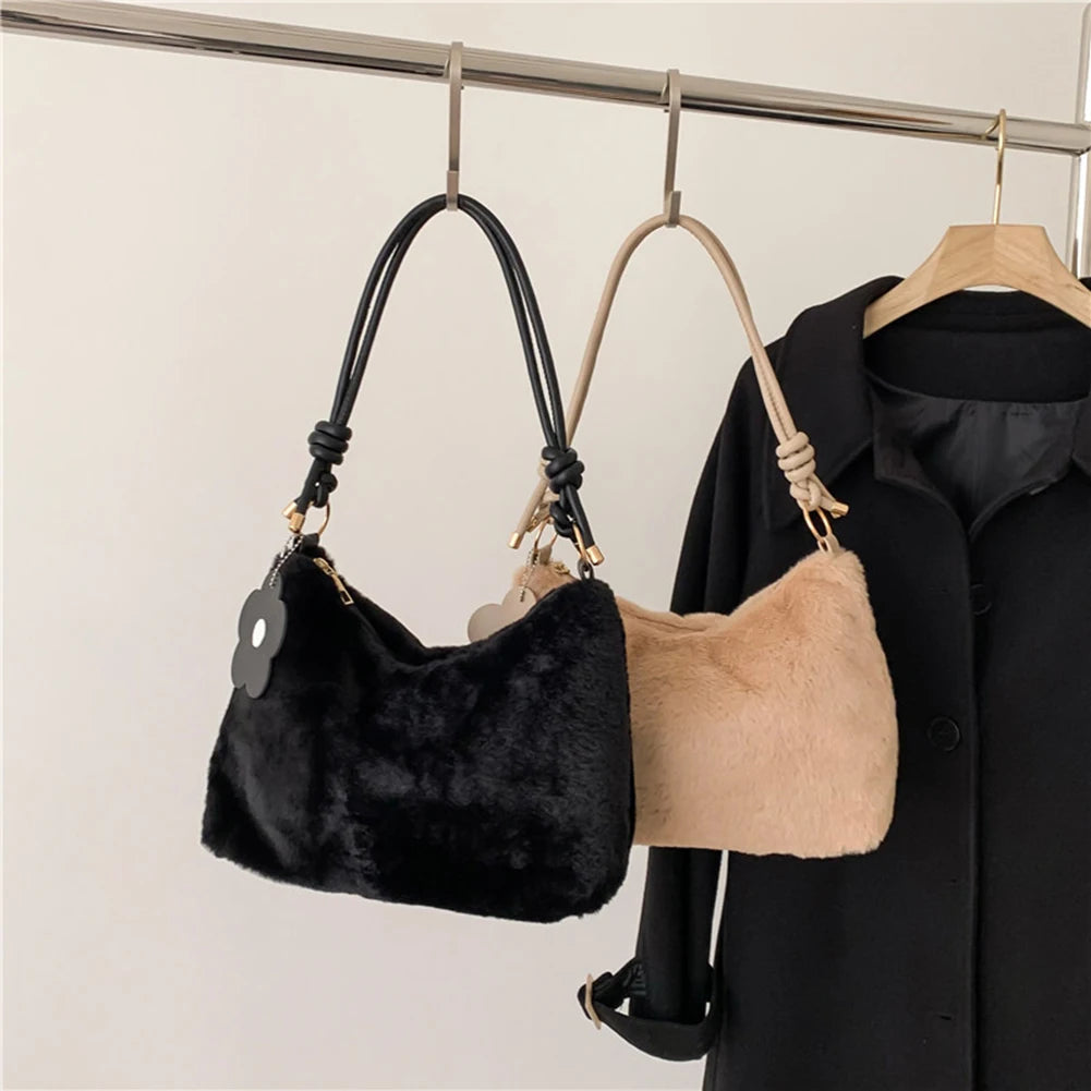 Plush Shoulder Bag with Flower Pendant