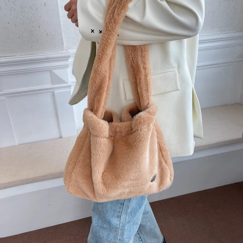 Large Capacity Plush Women's Bag: Winter Warm Soft Tote Shoulder Shopper Bags