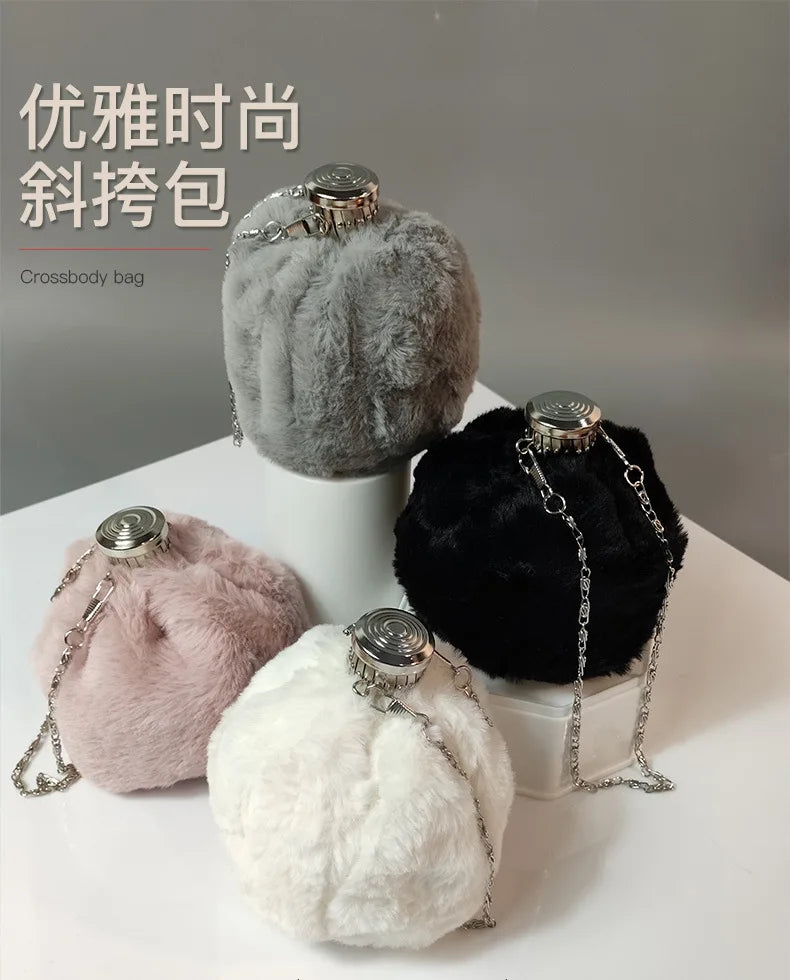 Plush Hip Flask Bucket Bag Chain Shoulder Messenger Bag