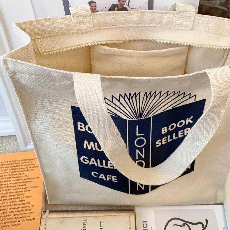 Classic Poetry Life College Style Shoulder Bag Retro Zipper Canvas Shopping Bag