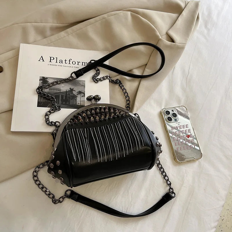 Women's Rivet Shell Bag with Tassel Chain - Red
