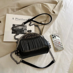 Women's Rivet Shell Bag with Tassel Chain - Red