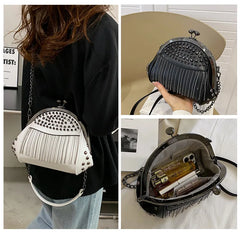 Women's Rivet Shell Bag with Tassel Chain - Red