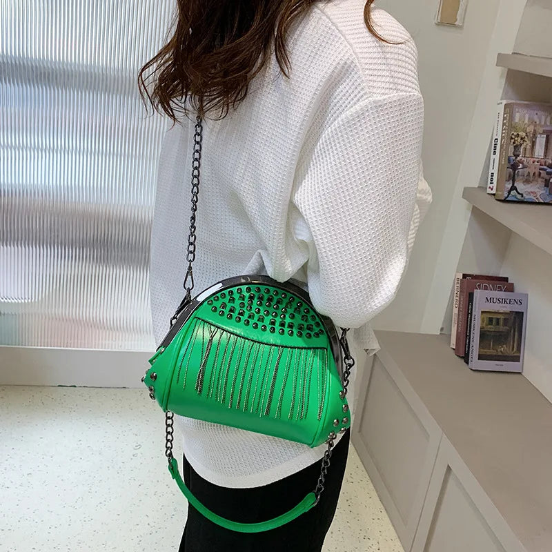 Women's Rivet Shell Bag with Tassel Chain - Red