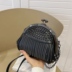 Women's Rivet Shell Bag with Tassel Chain - Red