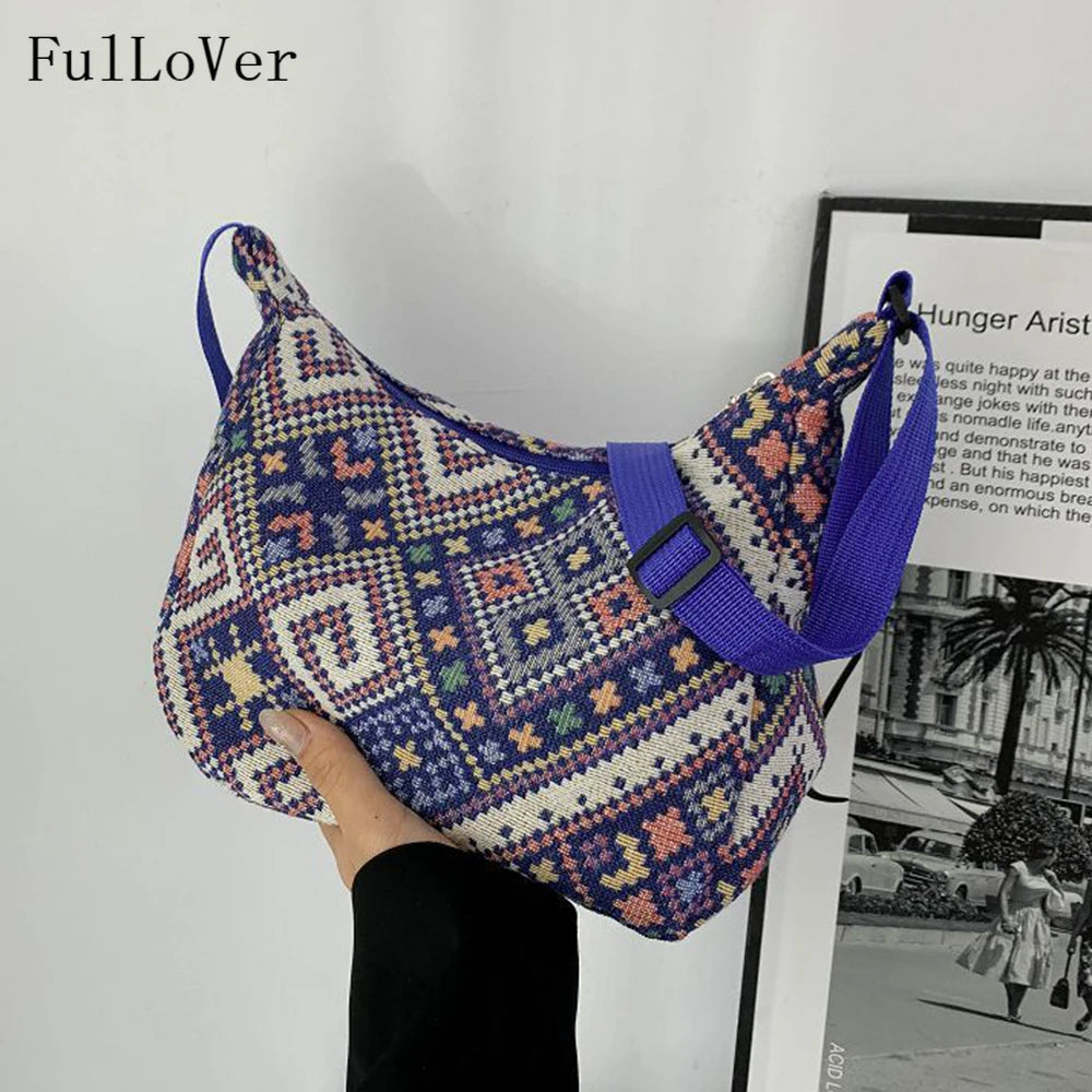 Ethnic Style Canvas Crossbody Tote Bag for Women