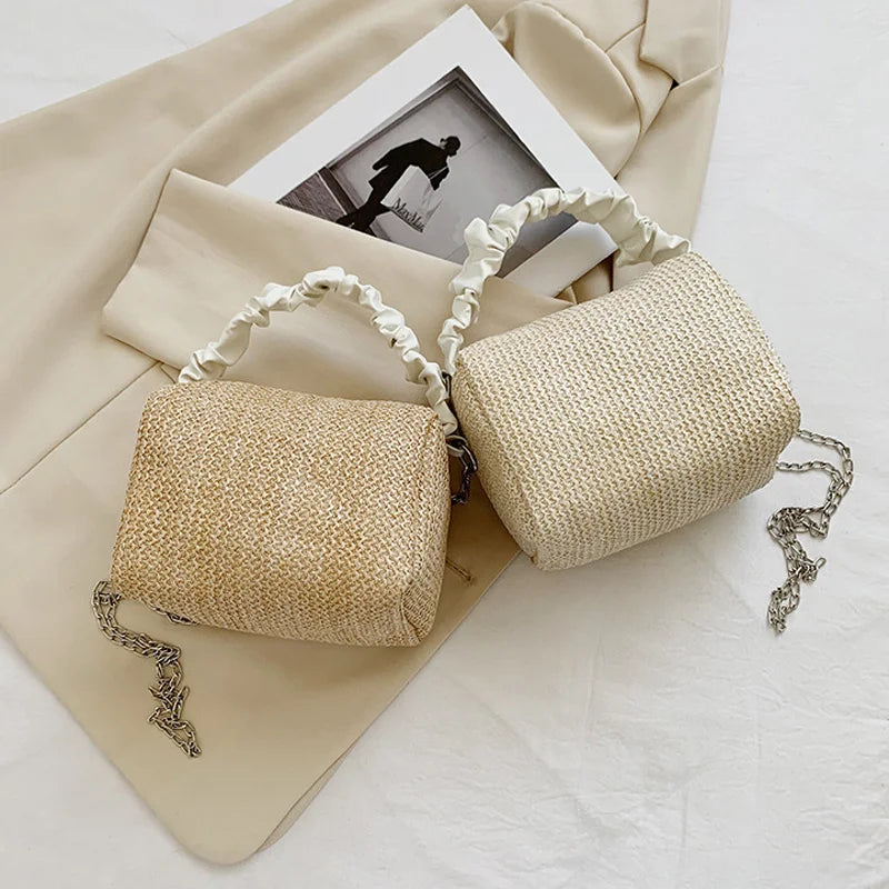 Small Straw Crossbody Bag for Women with Chain Strap