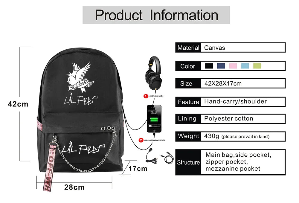 Lil Peep School Backpack Oxford Waterproof USB Travel Bag