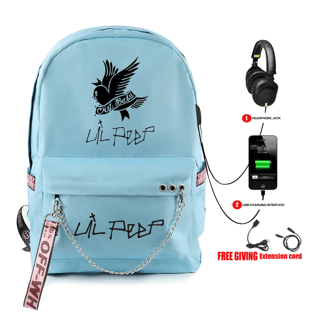 Lil Peep School Backpack Oxford Waterproof USB Travel Bag