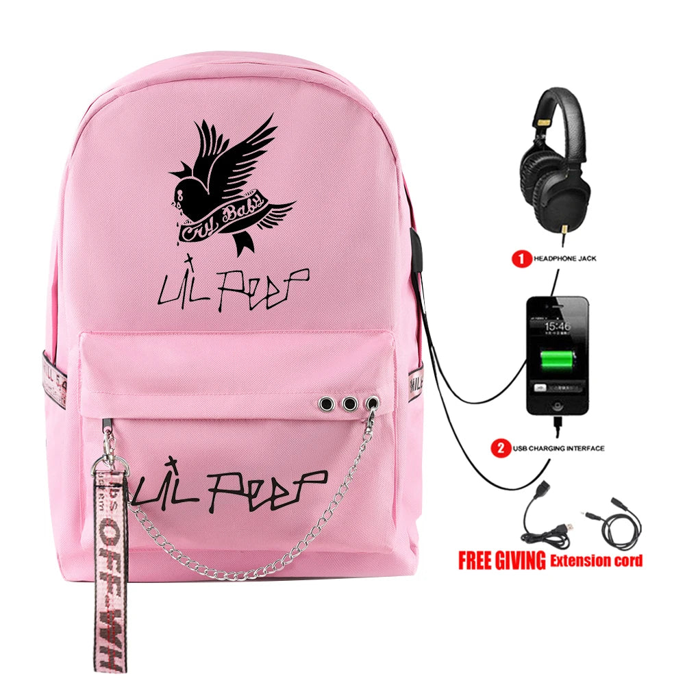 Lil Peep School Backpack Oxford Waterproof USB Travel Bag