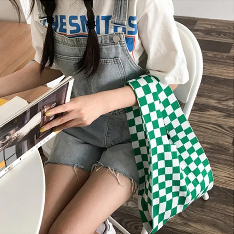 Vintage Plaid Woolen Knitting Shoulder Wrist Bag