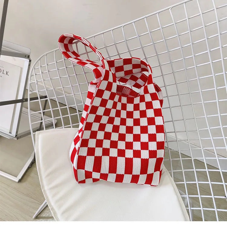 Vintage Plaid Woolen Knitting Shoulder Wrist Bag