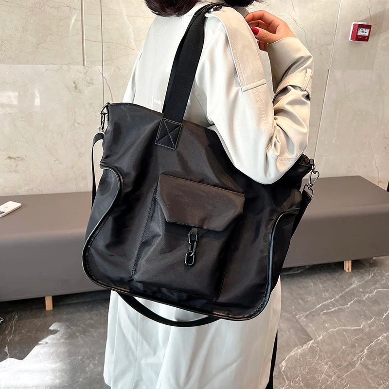 Women's Large Nylon Shoulder Bag with Multiple Pockets