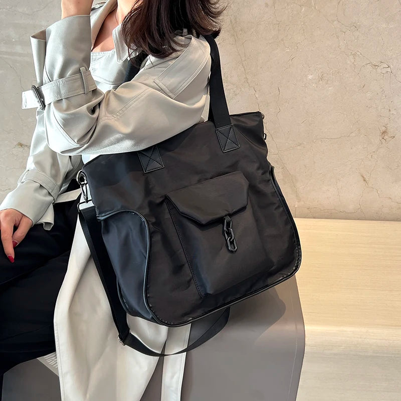 Women's Large Nylon Shoulder Bag with Multiple Pockets