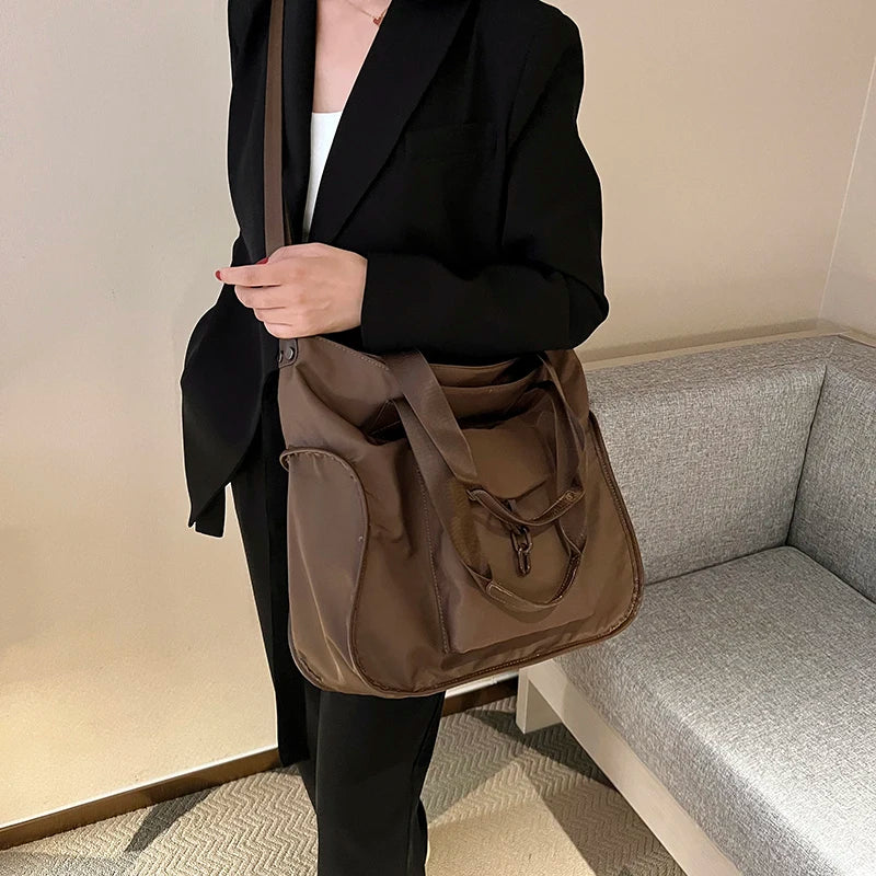 Women's Large Nylon Shoulder Bag with Multiple Pockets