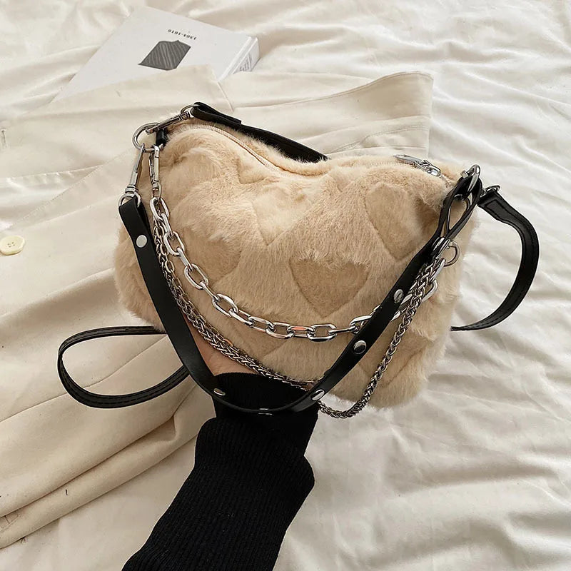 Plush Handbag with Fine Chains Texture Shoulder Bag