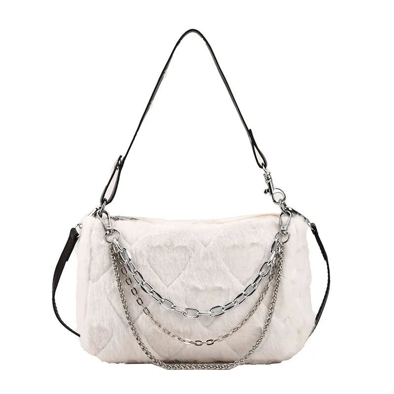 Plush Handbag with Fine Chains Texture Shoulder Bag