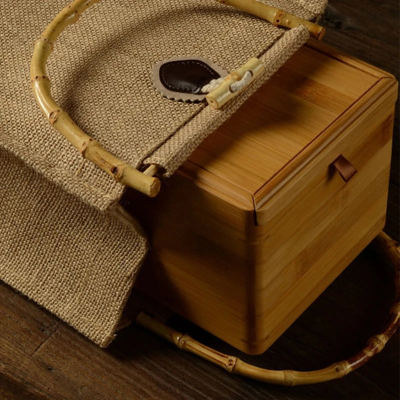 Burlap Jute Shopping Bag Handbag with Bamboo Loop Handles