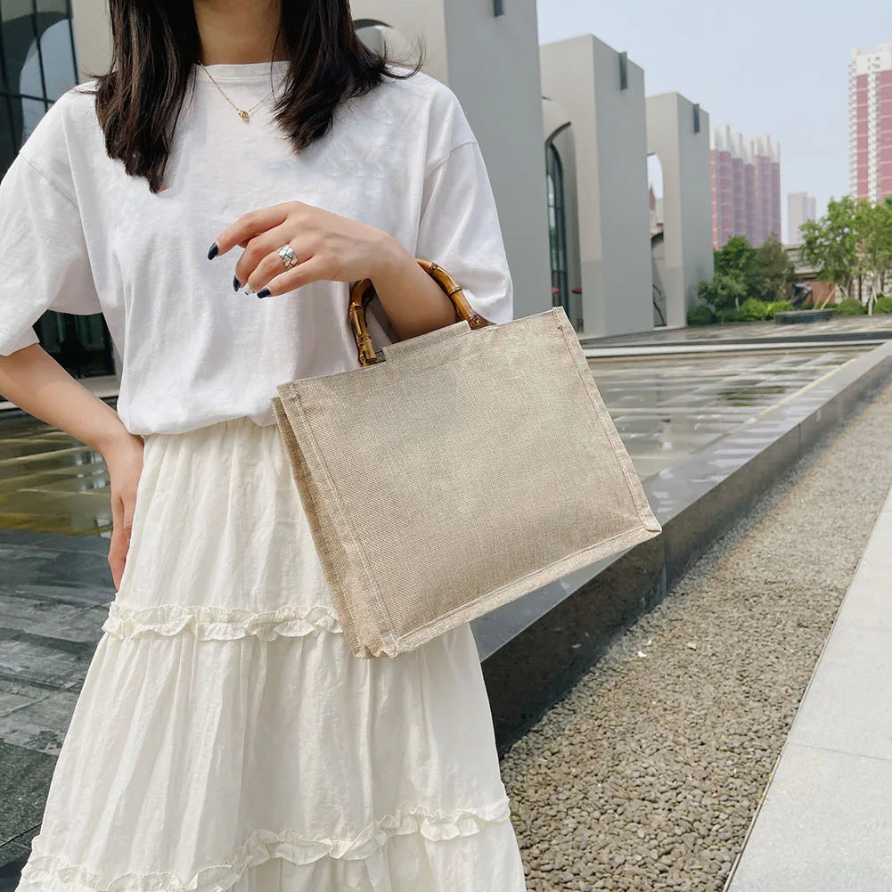 Burlap Jute Shopping Bag Handbag Bamboo Handle Tote DIY Bag Women