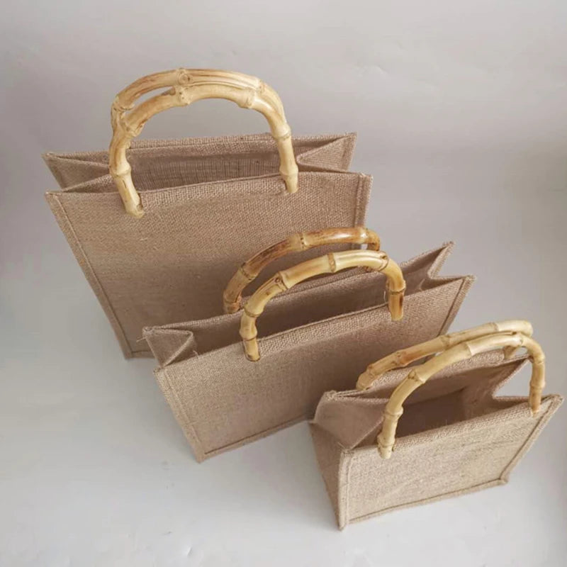 Jute Shopping Bag Handbag Bamboo Loop Handles Tote Retro DIY Beach Bag