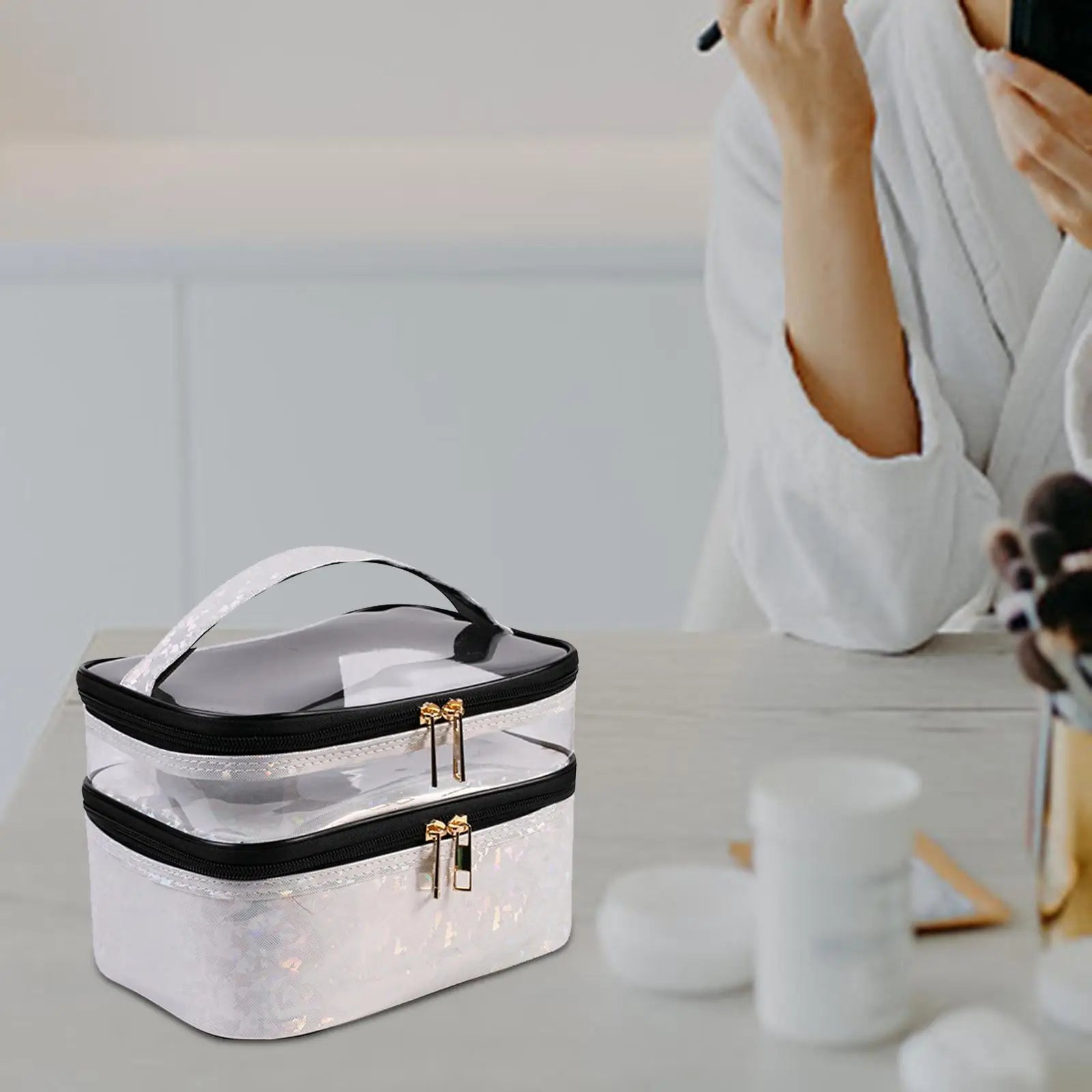 Portable Double Layer Cosmetic Bag Makeup Bag Toiletry Bag