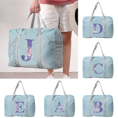 Foldable Travel Bag Large Capacity Tote Luggage Purple Flower Letter Print Hand